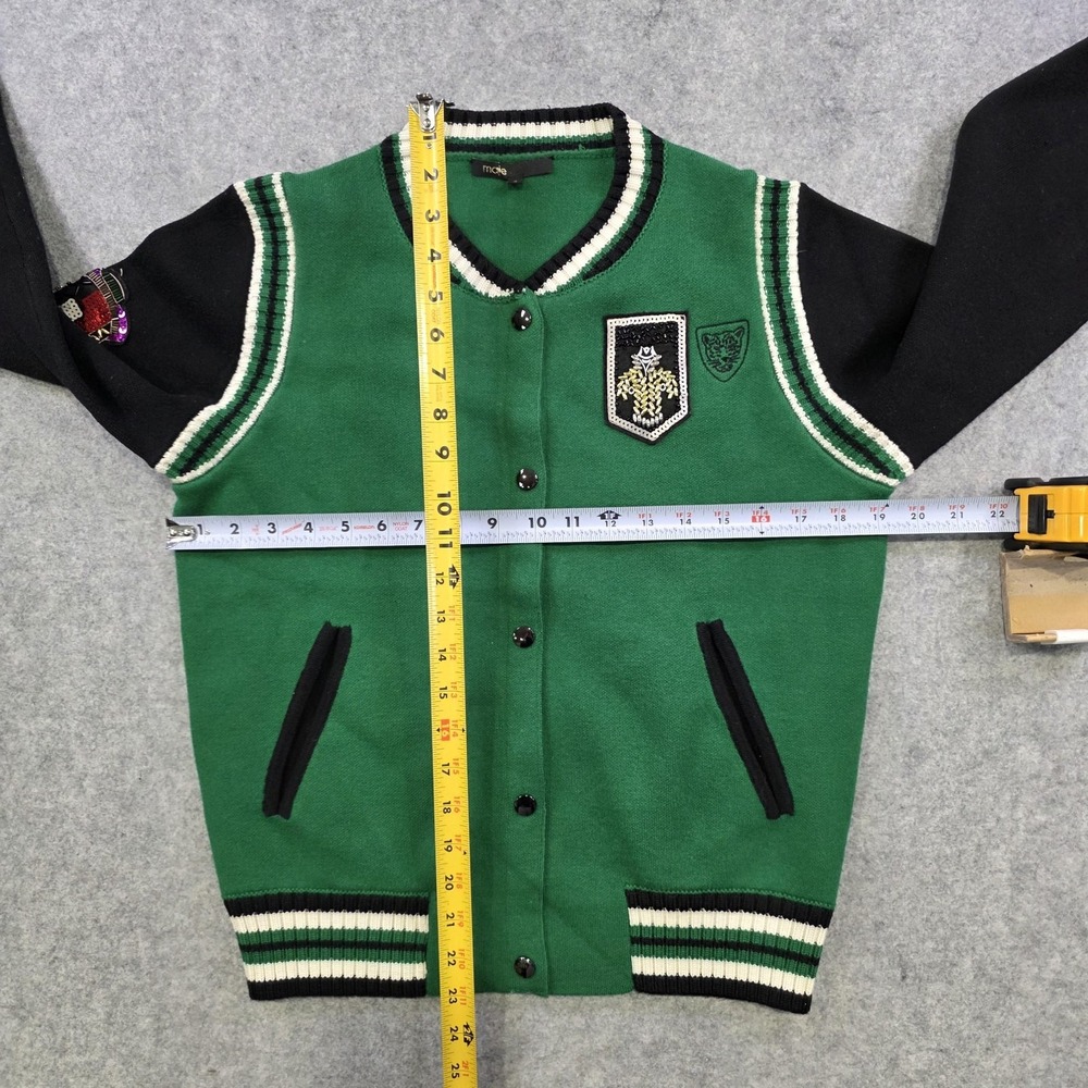 Maje Sweater Womens‎ 2 Green Varsity Cardigan Knit Sequin Patches Jacket Preppy - Picture 7 of 13